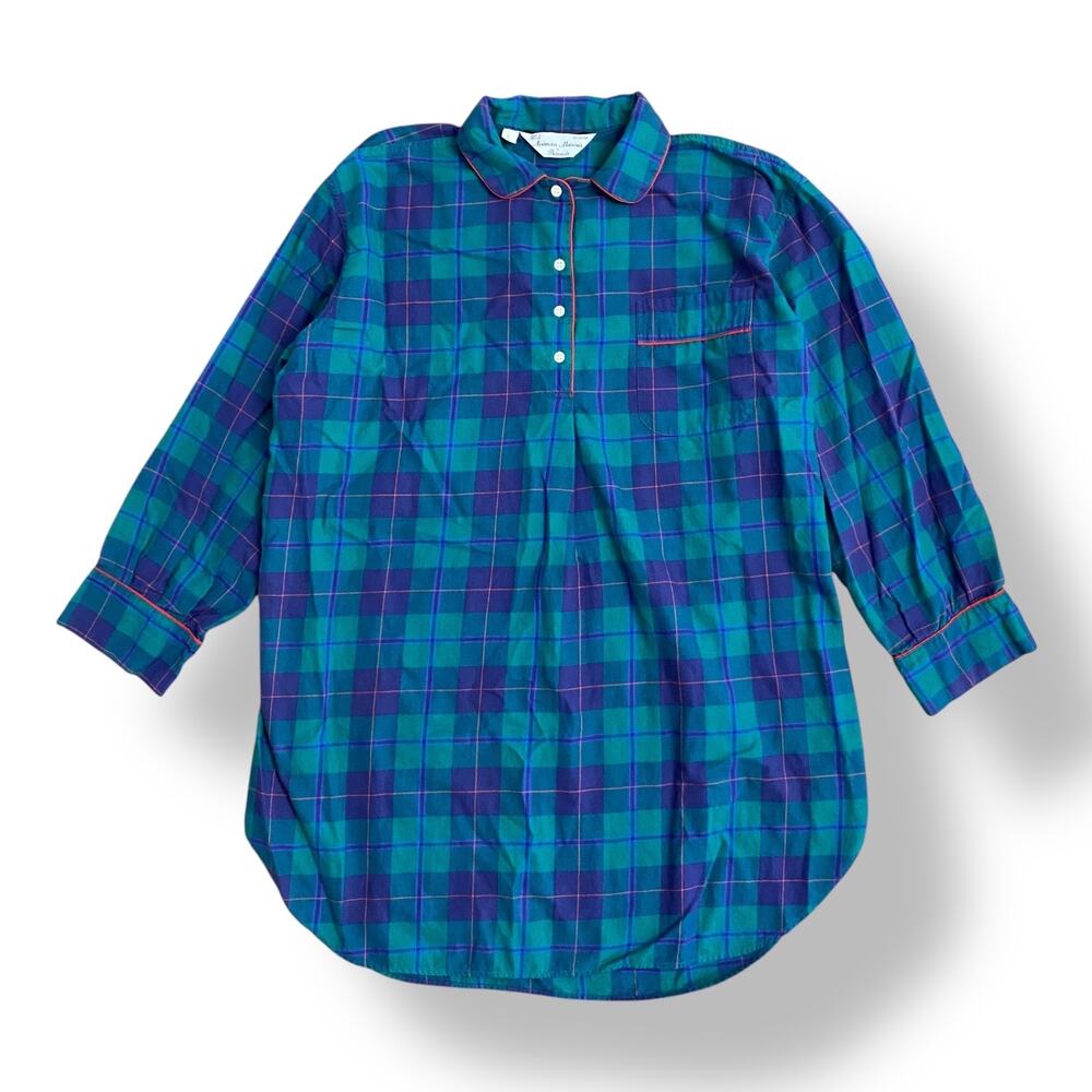 Neiman Marcus by Bonsoir Vintage Blue Plaid Nightgown Size Large Cabin, Comfy
